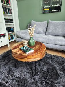 FineBuy Couchtisch Sheesham Massivholz rund Ø 60 cm – Wohnzimmertisch mit Schublade & Hairpin Beinen | Retro Design | handgefertigt Kunden-Foto 1