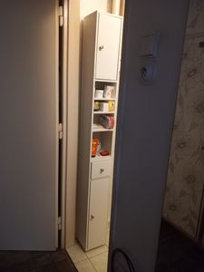 Kúpeľňová skriňa SoBuy – vysoká skriňa do malých kúpeľní s nastaviteľnými policami; úsporná úzka kúpeľňová skriňa pod umývadlo, modrá, BZR34-II-B Fotografia od zákazníka č. 1
