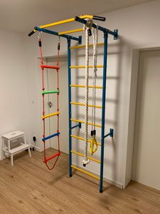 SucceBuy 5-in-1 Indoor-Klettergerüst für Kleinkinder, Kletterspielset mit schwedischer Leiter Kohlenstoffstahl, Wandleiter, Klimmzugstange, Strickleiter, Turnringe, trägt 100 kg, mehrfarbig Kunden-Foto 1