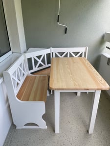 Weiße Eckbank II aus Kiefernholz mit lackiertem Sitzplatz 120 x 120 cm Kunden-Foto 1