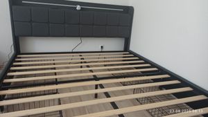 Flieks Polsterbett 140x200cm mit USB und Steckdosen, Jugendbett Doppelbett mit 4 Schubladen, Stauraumbett Massivholzbett mit LED und Lattenrost, Leinen, Beige Kunden-Foto 5