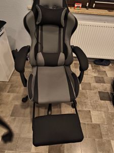 Delman Stoff Bürostuhl Gaming Stuhl  Gaming Sessel Ergonomischer mit Fußstütze Kopfstütze Massage-Lendenkissen Gaming Chair Drehsessel 02-0040 Grau Kunden-Foto 2
