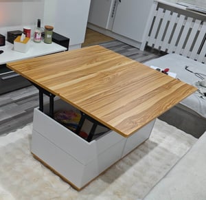 Merax Couchtisch 100x98x65cm mit Schubladen und Ablage, Höhenverstellbare Wohnzimmertisch mit Rollen und Stauraum,multifunktionaler Beistelltisch Grau Kunden-Foto 3