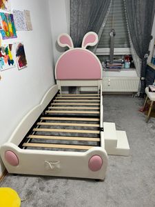 Flieks detská posteľ 90x200cm so šmykľavkou a schodíkmi, poschodová posteľ Princezná s čelom v tvare koruny, čalúnená posteľ s ochranou proti vypadnutiu, PU, ružová Fotografia od zákazníka č. 3
