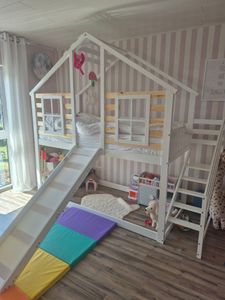 Merax Etagenbett 90x200cm mit Treppe und Rutsche, Kinderbett mit Rausfallschutz, Stockbett mit Gitter und Fenster, Massivholzbett Jugendbett, Weiß Kunden-Foto 1
