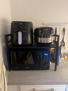 Küchenregale, Ausziehbarer Mikrowellenständer mit 6 Haken, 40-64cm ausziehbarer Mikrowellen Regal, Gewürzregal, Mikrowellenhalterung, Organizer mit 6 Haken, bis 30kg, Schwarz Kunden-Foto 2
