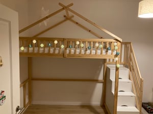 Flieks Etagenbett 90x200cm mit Rausfallschutz, Kinderbett mit Treppe, Hochbett mit Schubalden und Regal, Holzbett Stockbett Einzelbett, Naturbelassen Kunden-Foto 1