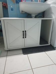 Feandrea Katzentoilette, Katzenklo-Schrank modern, Vordereingang, mit Doppeltür und Griffen Honigbraun-Vintageweiß Kunden-Foto 1