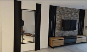 TV-Schrank, Lowboard, 288x35x57 cm, Für großformatiges TV, Elektrokamin XXL, Industriedesign, Schwarz Kunden-Foto 2