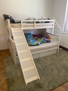 Flieks Etagenbett 90x200cm, Kinderbett mit Rutsche, Hochbett mit Treppe, Jugendbett mit Lattenrost und 2 Schubladen, Massivholzbett Stockbett, Weiß Kunden-Foto 14