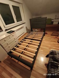 Flieks Polsterbett 90x200cm mit Lattenrost, Gepolstertes Jugendbett Einzelbett mit Bettgestell und Kopfteil Leinenstoff, grau Kunden-Foto 4