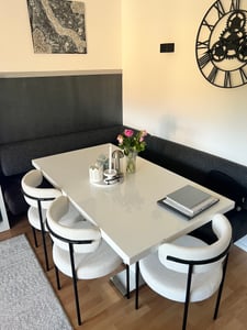 ML-Design sada 4 židlí do jídelny, kuchyňská židle, vyrobená z látky teddy bílá, židle do obývacího pokoje s opěradlem, čalouněné židle s kovovými nohami, křeslo do obývacího pokoje Fotografie od zákazníka č. 3
