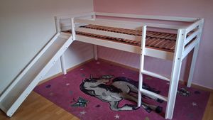 Homestyle4u Hochbett 90x200 Set mit Matratze ® Standard 100 Turm Tunnel Rutsche Vorhang Rosa Pink Mädchen Kinderbett Weiß Holz Kiefer Massiv Lattenrost Spielbett Kunden-Foto 3