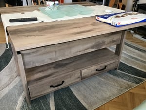 VASAGLE Couchtisch, Wohnzimmertisch, Gaszylinder, höhenverstellbar, viel Stauraum, Kaffeetisch, für Wohnzimmer, braun-weiß Kunden-Foto 4