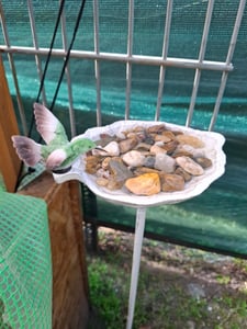 Relaxdays Gusseisen Vogeltränke zum Stecken, mit Erdspieß, Gartendeko, Vogelfutterstelle, Wasserschale 1m hoch, weiß Kunden-Foto 2
