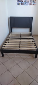 Polsterbed BEALIFE 120x200 cm met lattenbodem en LED-lichtbalk | Metalen frame met houten hoofdeinde | Stil, klein tweepersoonsbed | Beige, model BF28 Klantenfoto 1