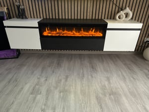 COZY Mobile TV Soggiorno, 200x35x45cm, Per TV fino a 80, Camino elettrico, da appendere, Rovere e Nero Foto del cliente 1