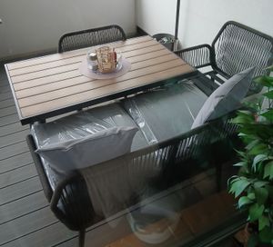 Garten Sitzgruppe für 6 Personen mit WPC Tisch, Sofa, Stühlen – wetterfest – Seilgeflecht – Sitzkissen – Outdoor Lounge - anthrazit/holz Kunden-Foto 3