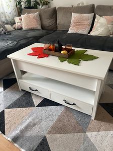VASAGLE Couchtisch, Wohnzimmertisch, Gaszylinder, höhenverstellbar, viel Stauraum, Kaffeetisch, für Wohnzimmer, braun-weiß Kunden-Foto 8