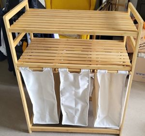 AdelDream cesto portabiancheria 150 l 3 scomparti 2 ripiani sacco portabiancheria estensibile e rimovibile, raccoglitore di biancheria in bambù beige Foto del cliente 1