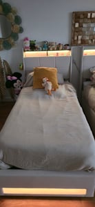 Flieks Polsterbett 180x200cm mit USB, Jugendbett Doppelbett mit Lattenrost und Stauraum, Stauraumbett mit LED, Leinen, Grau Kunden-Foto 24