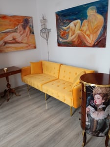 Canapé deux places Merax avec fonction lit, canapé-lit avec dossier et accoudoirs réglables, revêtement velours, espace de couchage 215×81,5 cm, jaune Photo du client 2