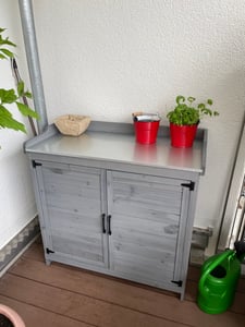 Pflanztisch BEALIFE 98x48x95 cm mit Edelstahl-Arbeitsplatte & Unterschrank | Magnetverschluss, höhenverstellbare Böden | Natur/Grau | CC50 Kunden-Foto 1