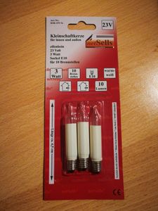 Erzgebirgslicht - AUSWAHL - 15 Stück Kleinschaftkerze 15V 3W E10 für 15-16 Brennstellen Ersatzbirne Glühbirne Minischaftkerze Glühlämpchen für Lichterketten Pyramide und Schwibbogen (keine LED!) Kunden-Foto 2