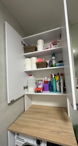 PLATAN ROOM Waschmaschinenschrank 210 cm hoch Badezimmerschrank mit 3 Regalen Überbauschrank für Waschmaschine und Wäschetrockner Lehm Grau Kunden-Foto 3