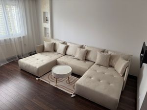 FURMEB24 ASPEN U sofa narożna z funkcją spania półka na pościel 346x188cm, sofa w kształcie litery U, beżowa Zdjęcie produktu od klienta nr 8