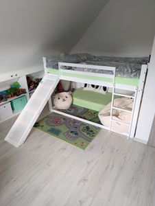 Flieks Etagenbett 90x200cm mit Rutsche, Kinderbett Hausbett mit Rausfallschutz, Hochbett mit Leiter, Holzbett Einzelbett, Weiß Kunden-Foto 1