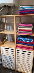 BEGRYF Bambus Wäscheschrank mit Wäschebehälter & Regal – 130 cm hoher Badezimmer‑Organizer mit 2 Regalböden & Stoff‑Wäschekorb Kunden-Foto 1