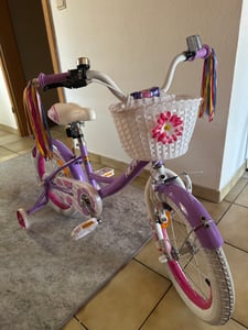 HILAND kinderfiets, model Petal, 16 inch, geschikt voor meisjes van 4, 5, 6, 7 en 8 jaar, met stabilisatorwielen, mandje, handrem, achterrem en bel, kleur: roze Klantenfoto 1