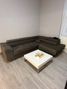 Ecksofa Aller L-form mit Schlaffunktion und Bettkasten in Dunkelblau (Kronos 09), Links Ottomane Kunden-Foto 2