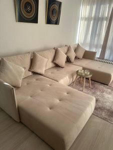 FURMEB24 ASPEN U sofa narożna z funkcją spania półka na pościel 346x188cm, sofa w kształcie litery U, beżowa Zdjęcie produktu od klienta nr 12