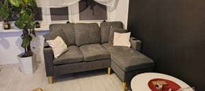 Merax Ecksofa, L-Form Sofa mit Bettkasten, Getränkehalter, 2 Kissen geliefert, Wohnzimmersofa, Couch, Couchgarnitur, Leinen, Beige Kunden-Foto 1