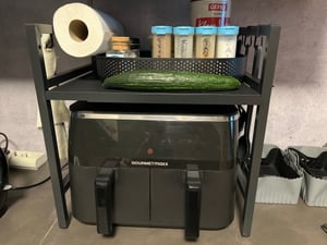 Supporto per microonde – regolabile in altezza e lunghezza – salvaspazio, stabile, con pratico vano portaoggetti, colore bianco L64xP36xH46cm /WBWB/ Foto del cliente 3