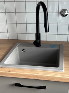 VBChome Lavello in granito 44 x 44 cm Beige con rubinetto flessibile Lavello da incasso a vasca singola Speckled Lavello di facile manutenzione con sifone Foto del cliente 1