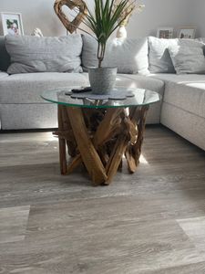 Design Couchtisch NATURE LOUNGE Teakholz mit runder Glasplatte Beistelltisch Wohnzimmertisch Sofatisch Kunden-Foto 1