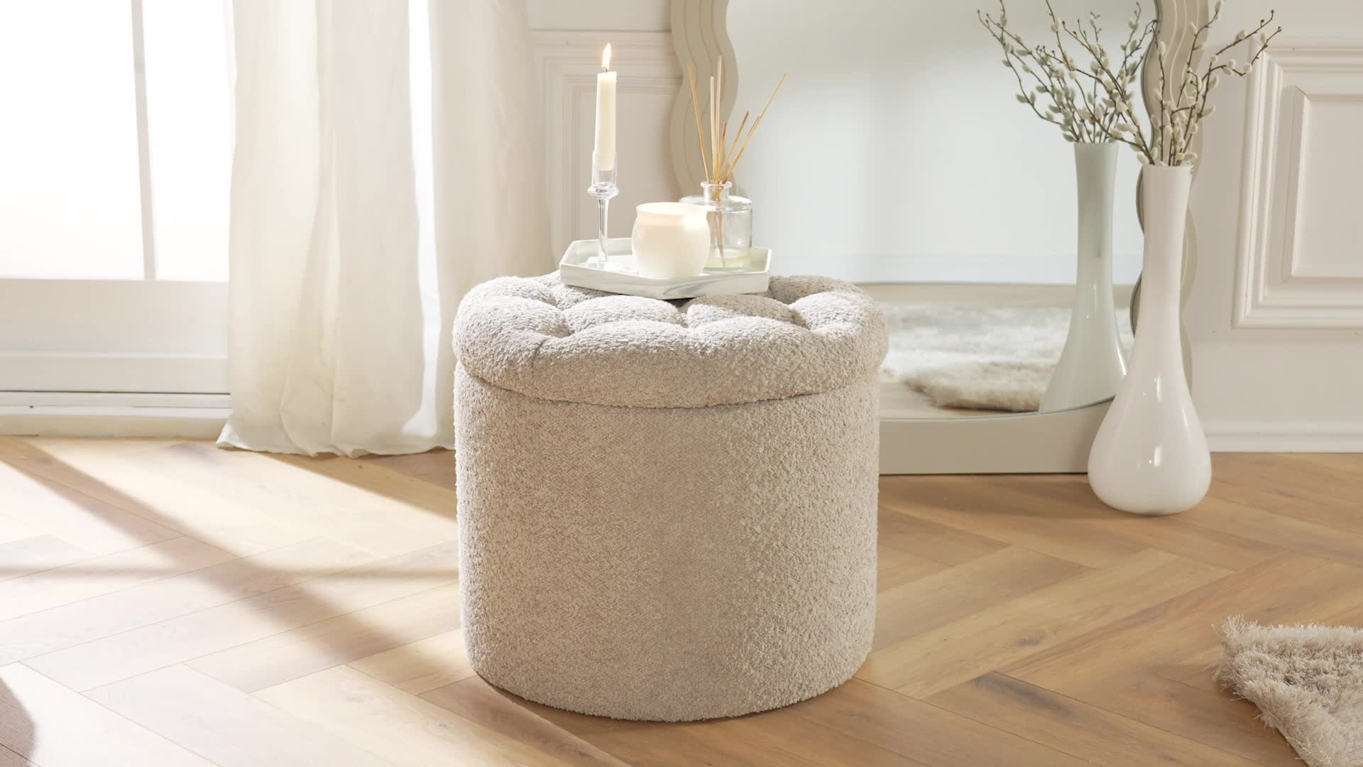 Riess Ambiente Hocker Vogue – Runder Polsterhocker Mit Stauraum, Bouclé-Stoff, Creme Weiß (ca. 49x41 Cm)