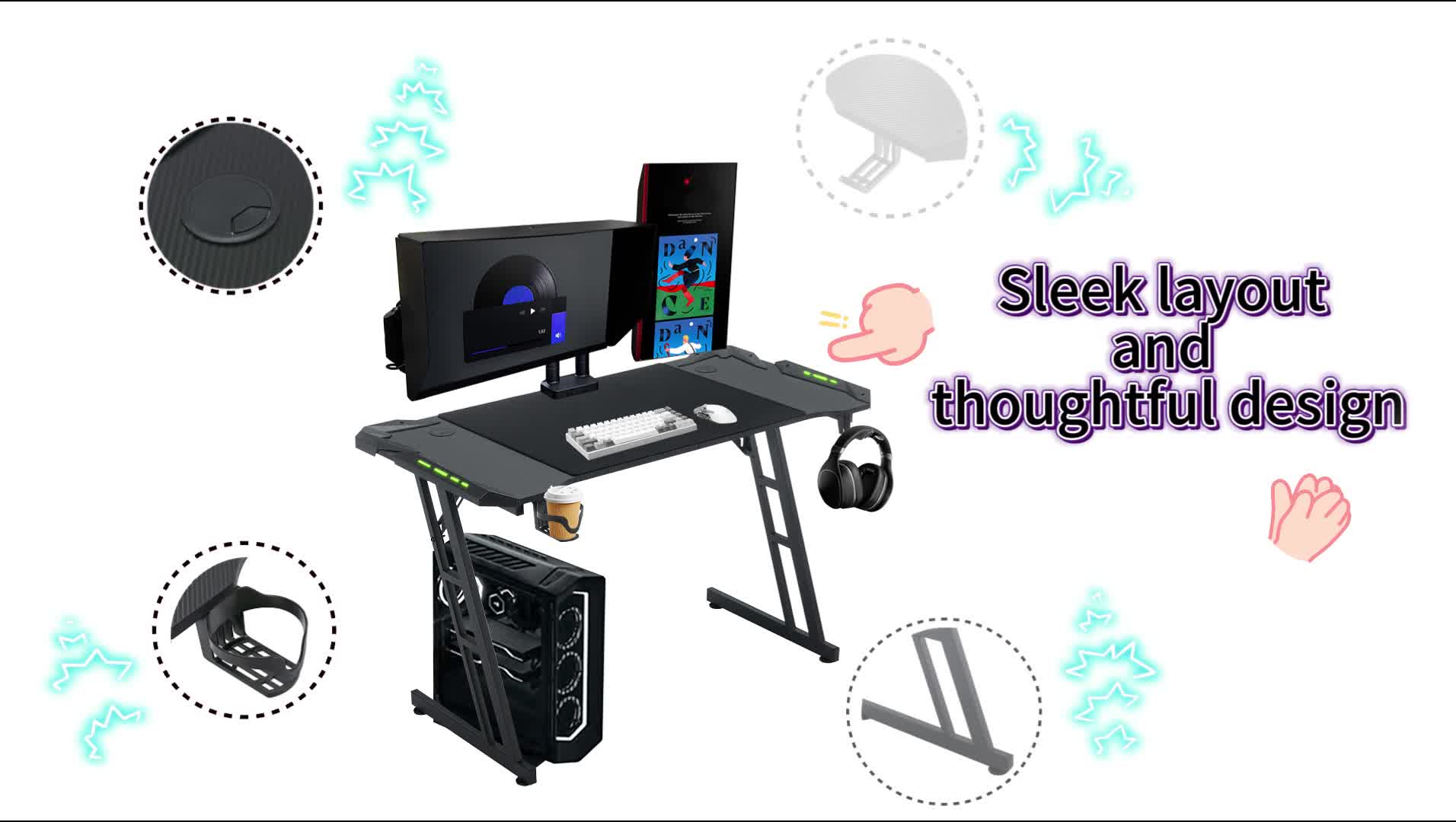 XINZI Gaming Table Gaming avec porte-boisson et crochet Voir les images du produit 7
