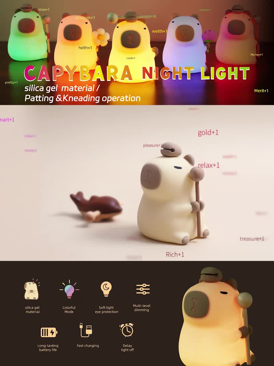 MasterLED Kapibara Nachtlicht Silikon, Akku LED RGB, Touch Produktbild-Vorschau 7