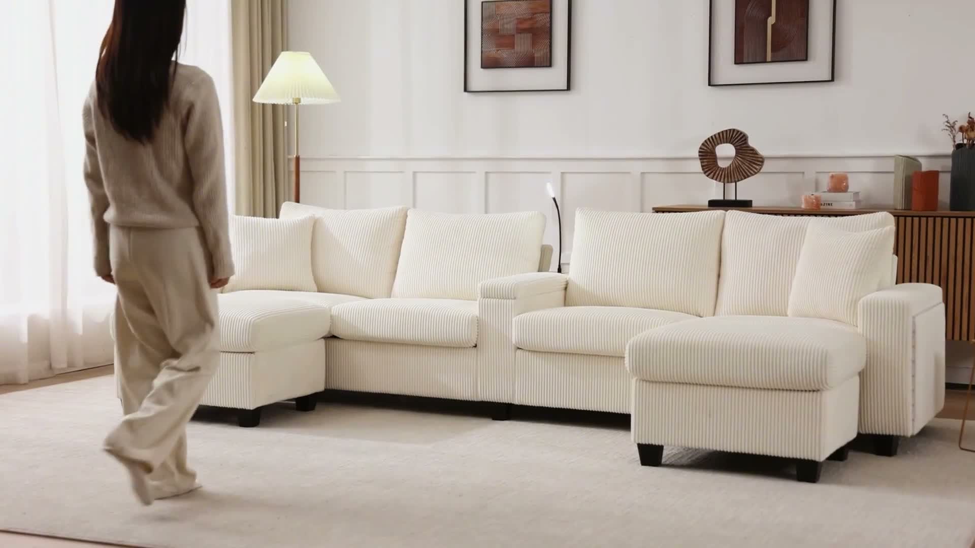 Merax 4-Sitzer Ecksofa U-förmiges, Cord-Sofa mit 2 Hockern, Produktbild-Vorschau 7