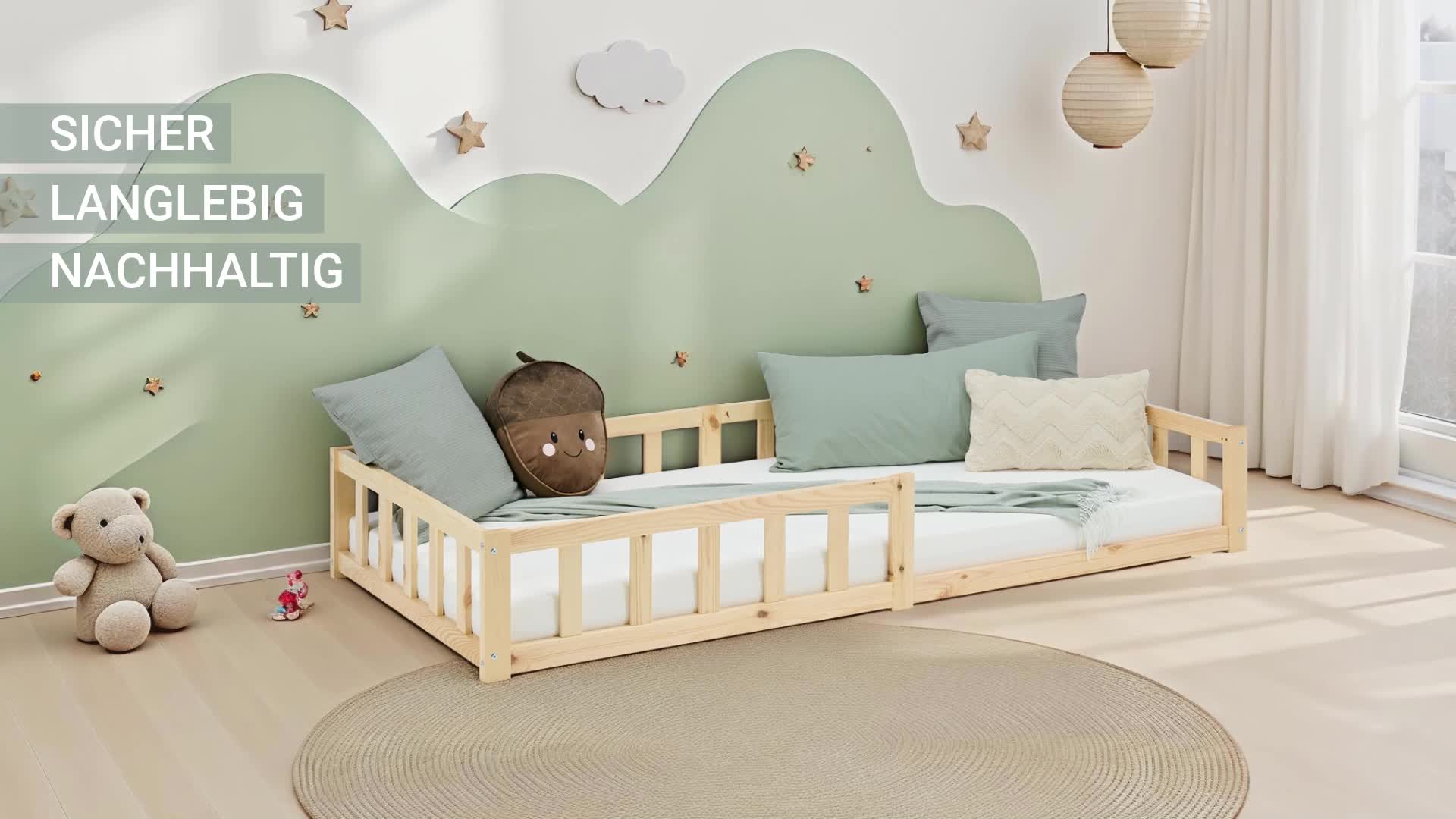 Homestyle4u Kinderbett 90x200 mit Rausfallschutz Natur Produktbild-Vorschau 7