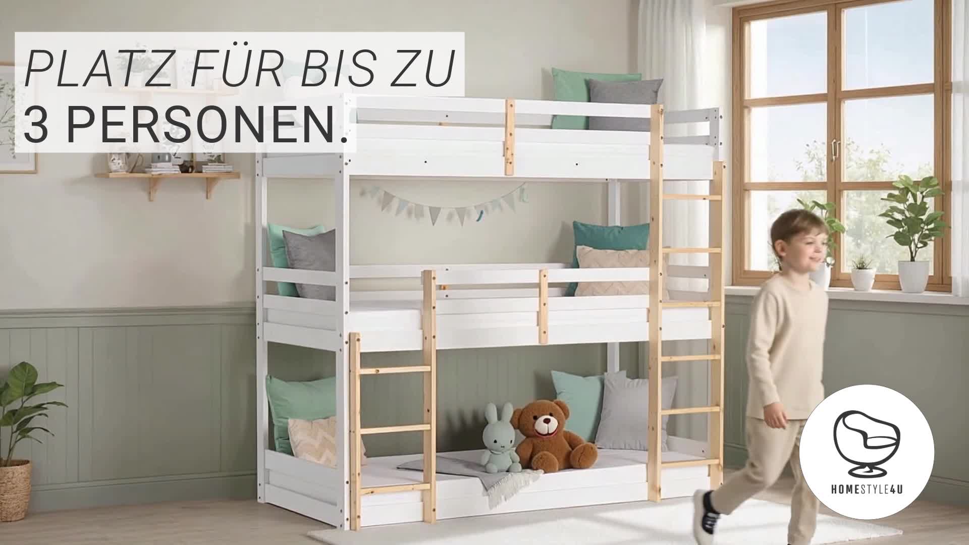 Homestyle4u Etagenbett 90x200 cm Hochbett Dreifachbett Weiß Produktbild-Vorschau 7