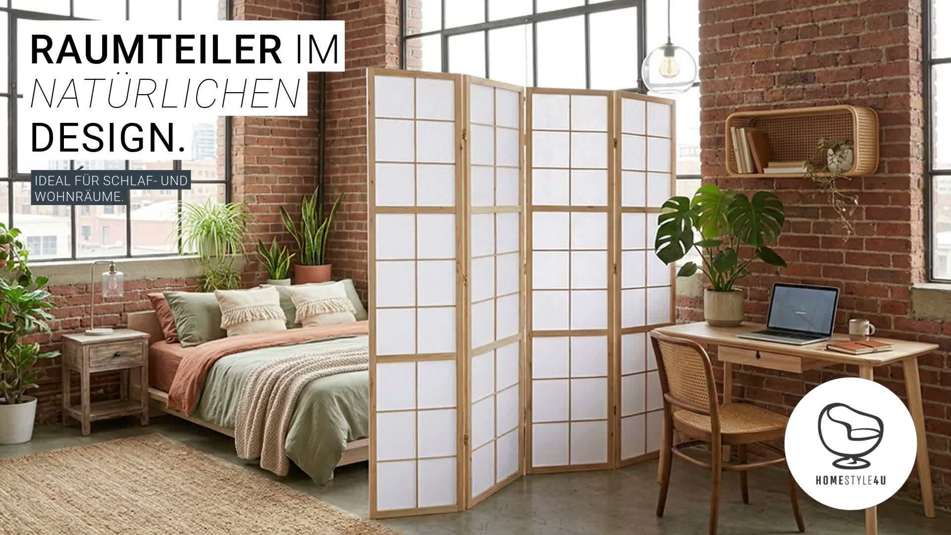Homestyle4u Paravent Raumteiler 4 teilig Indoor Holz Natur Produktbild-Vorschau 7