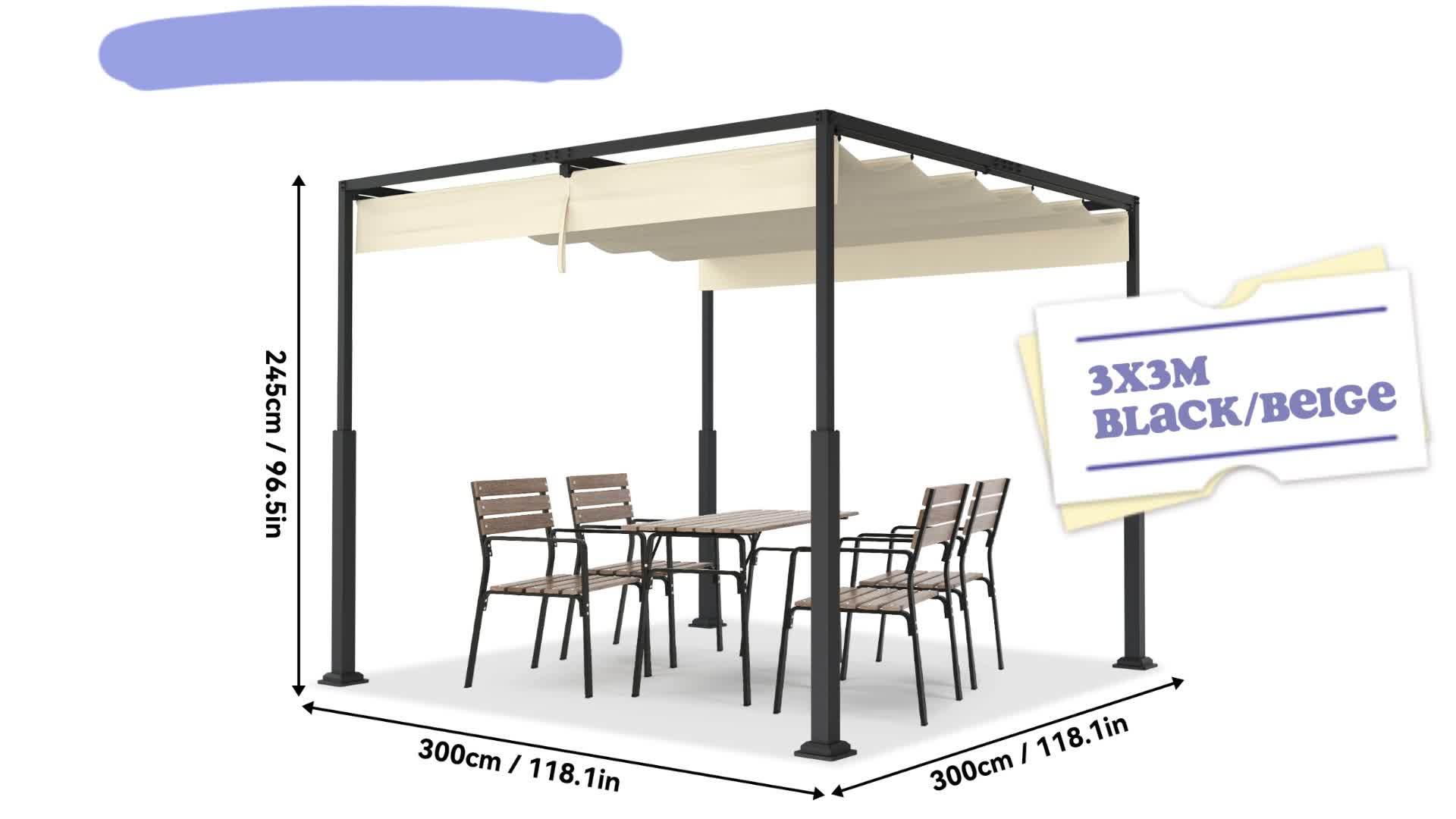 XMTECH Samostatně stojící pergola 3×4 m s posuvnou Náhled obrázku produktu 7