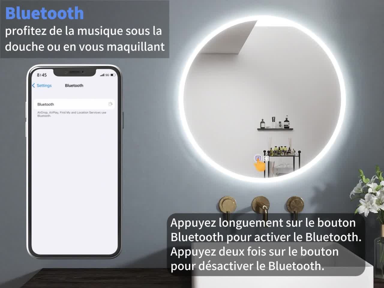 Miroir de salle de bain rond Bluetooth 60cm tricolore + Voir les images du produit 7