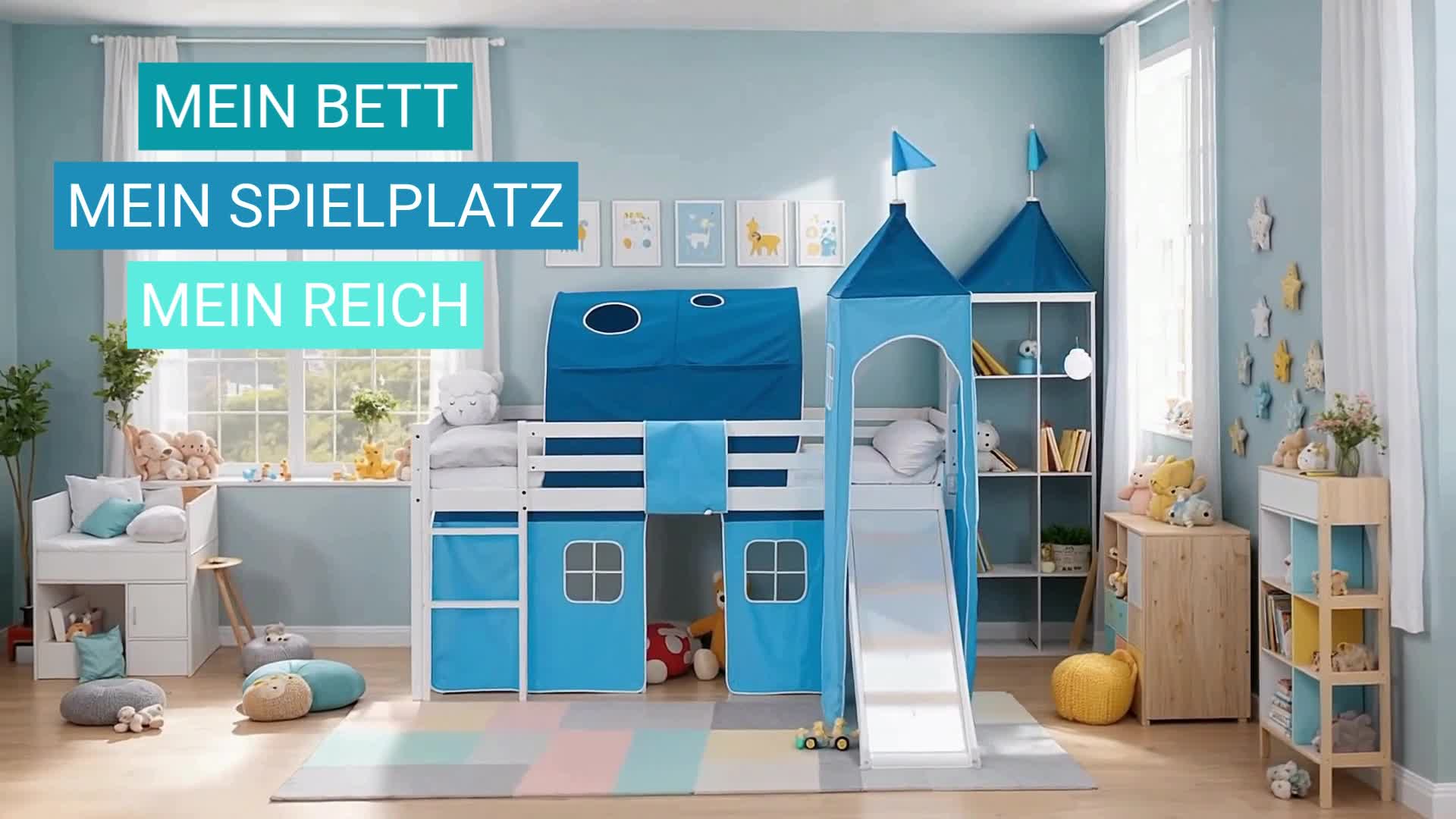 Homestyle4u Hochbett 90x200 Kinder Weiß Rutsche Vorhang Produktbild-Vorschau 7