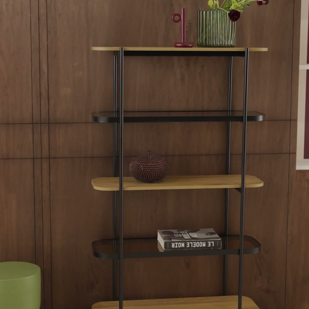 sweeek - Bücherregal aus Glas, Holzdekor und Stahl mit 5 Produktbild-Vorschau 7